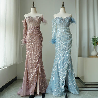 Rose Gold Off Shoulder One Sleeve Mermaid Feathers Evening Dresses High Split Sexy Party Gowns For Women ED500624