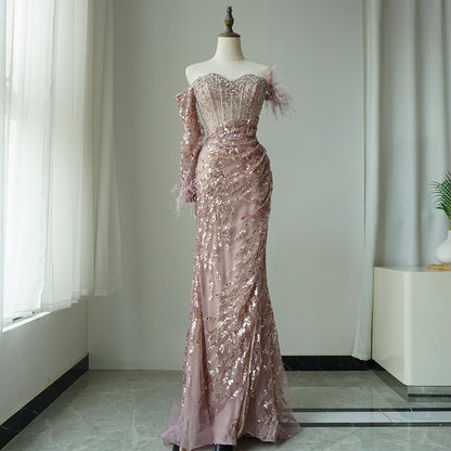 Rose Gold Off Shoulder One Sleeve Mermaid Feathers Evening Dresses High Split Sexy Party Gowns For Women ED500624