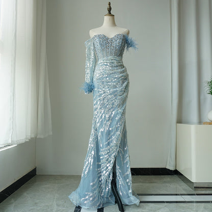 Rose Gold Off Shoulder One Sleeve Mermaid Feathers Evening Dresses High Split Sexy Party Gowns For Women ED500624