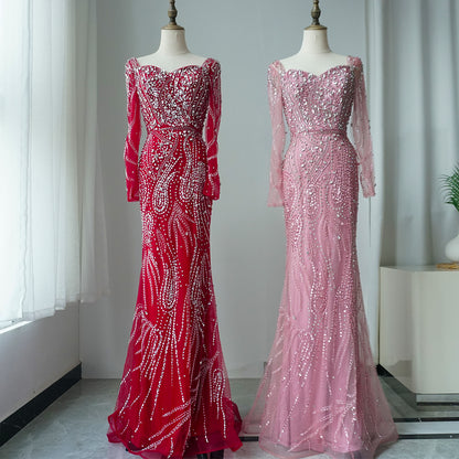 Luxury Muslim Arabic Pink Elegant Mermaid Gowns with Luxury Long Sleeve ED500622