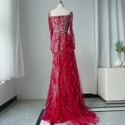 Luxury Muslim Arabic Pink Elegant Mermaid Gowns with Luxury Long Sleeve ED500622