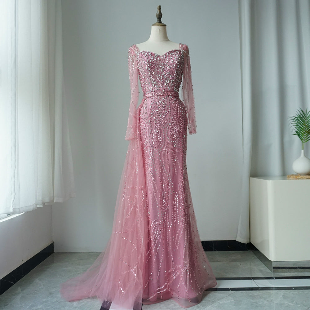 Luxury Muslim Arabic Pink Elegant Mermaid Gowns with Luxury Long Sleeve ED500622
