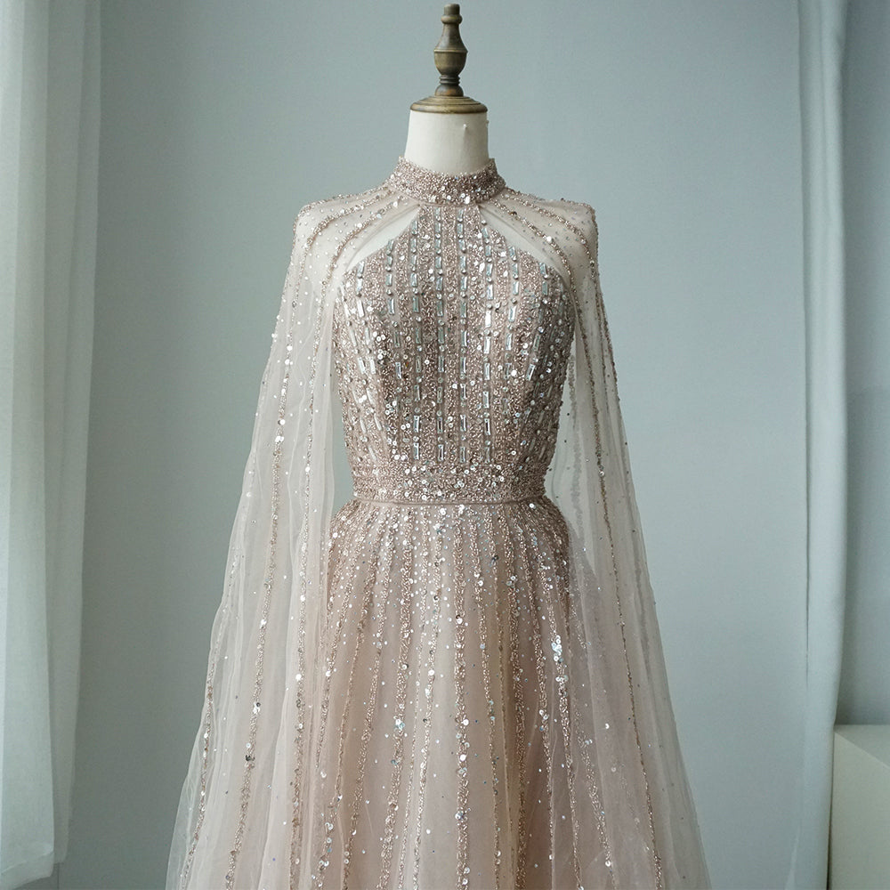 Arabic Turquoise A Line Cape Sleeve Beaded Luxury Dubai Evening Dresses Gowns For Women Wedding Party ED500617