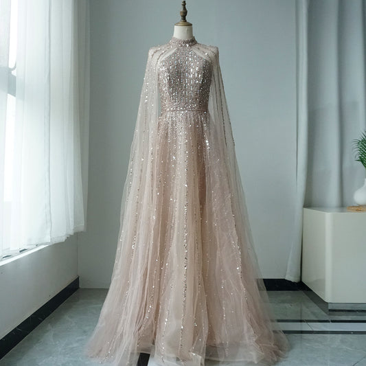 Arabic Turquoise A Line Cape Sleeve Beaded Luxury Dubai Evening Dresses Gowns For Women Wedding Party ED500617