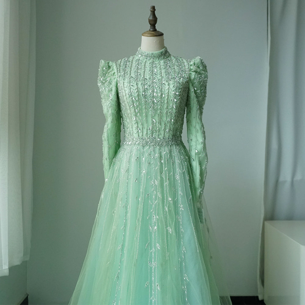 Dubai Arabic Designer Luxury Sage Green A Line Beaded Evening Dresses Gowns For Women Wedding Party 2025 ED500625