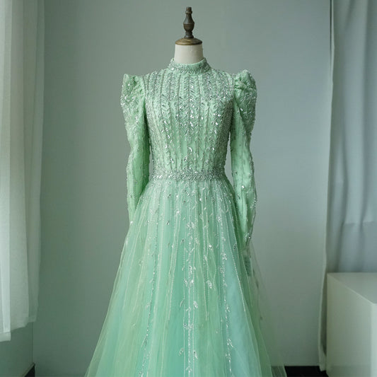 Dubai Arabic Designer Luxury Sage Green A Line Beaded Evening Dresses Gowns For Women Wedding Party 2025 ED500625