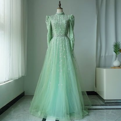 Dubai Arabic Designer Luxury Sage Green A Line Beaded Evening Dresses Gowns For Women Wedding Party 2025 ED500625