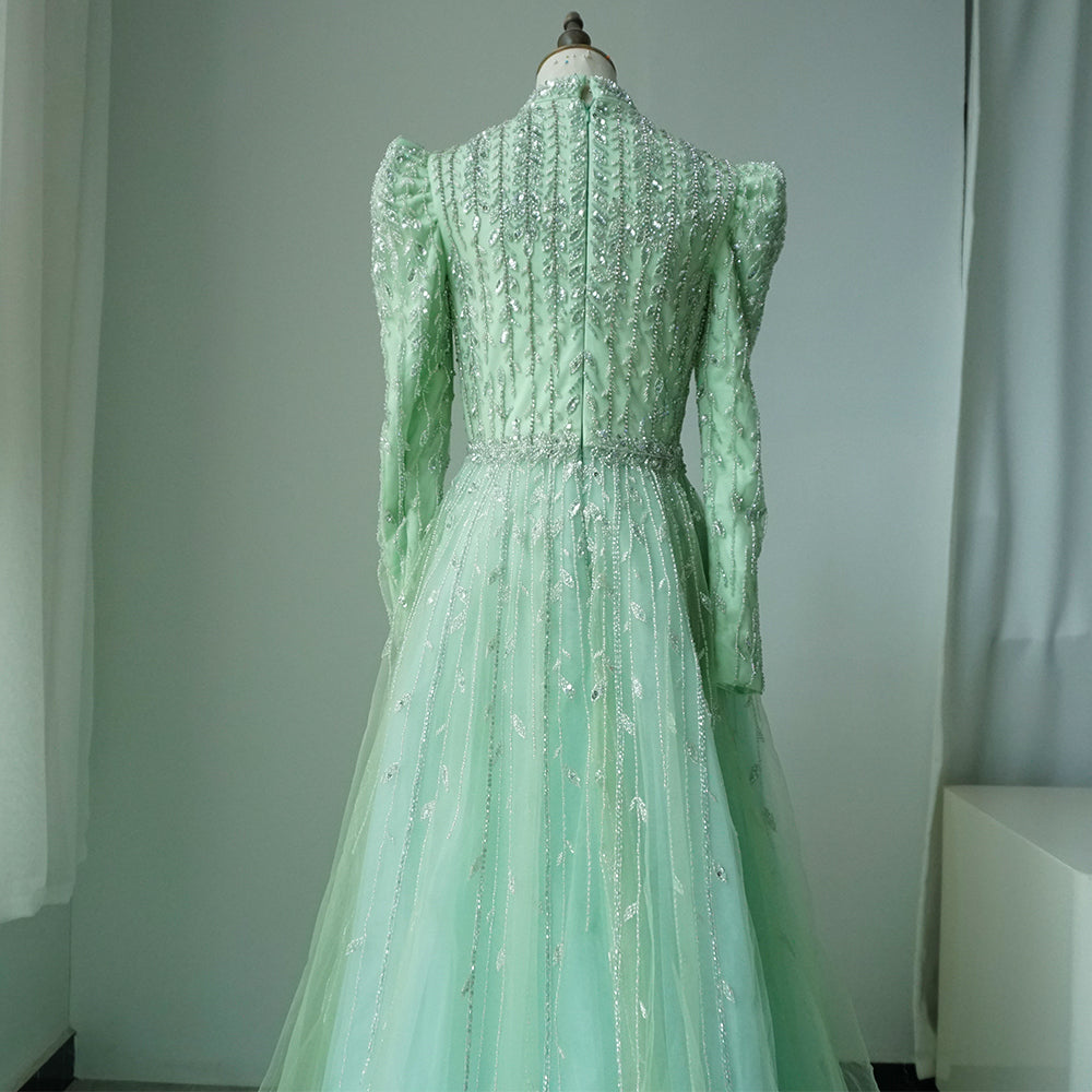 Dubai Arabic Designer Luxury Sage Green A Line Beaded Evening Dresses Gowns For Women Wedding Party 2025 ED500625