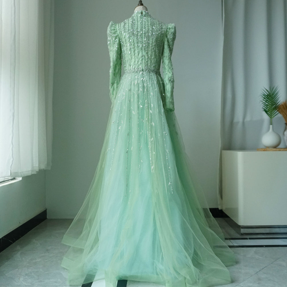 Dubai Arabic Designer Luxury Sage Green A Line Beaded Evening Dresses Gowns For Women Wedding Party 2025 ED500625