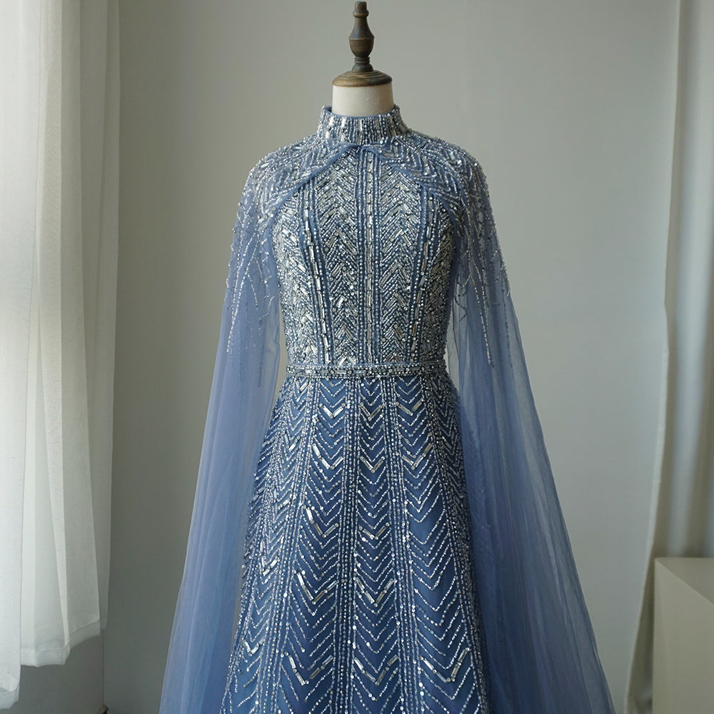 Luxury Beaded Design A-Line Blue Saudi Arabic Evening Dresses Gowns with Cape Sleeves for Formal Occasion ED500651