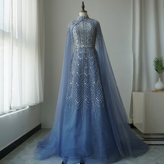 Luxury Beaded Design A-Line Blue Saudi Arabic Evening Dresses Gowns with Cape Sleeves for Formal Occasion ED500651