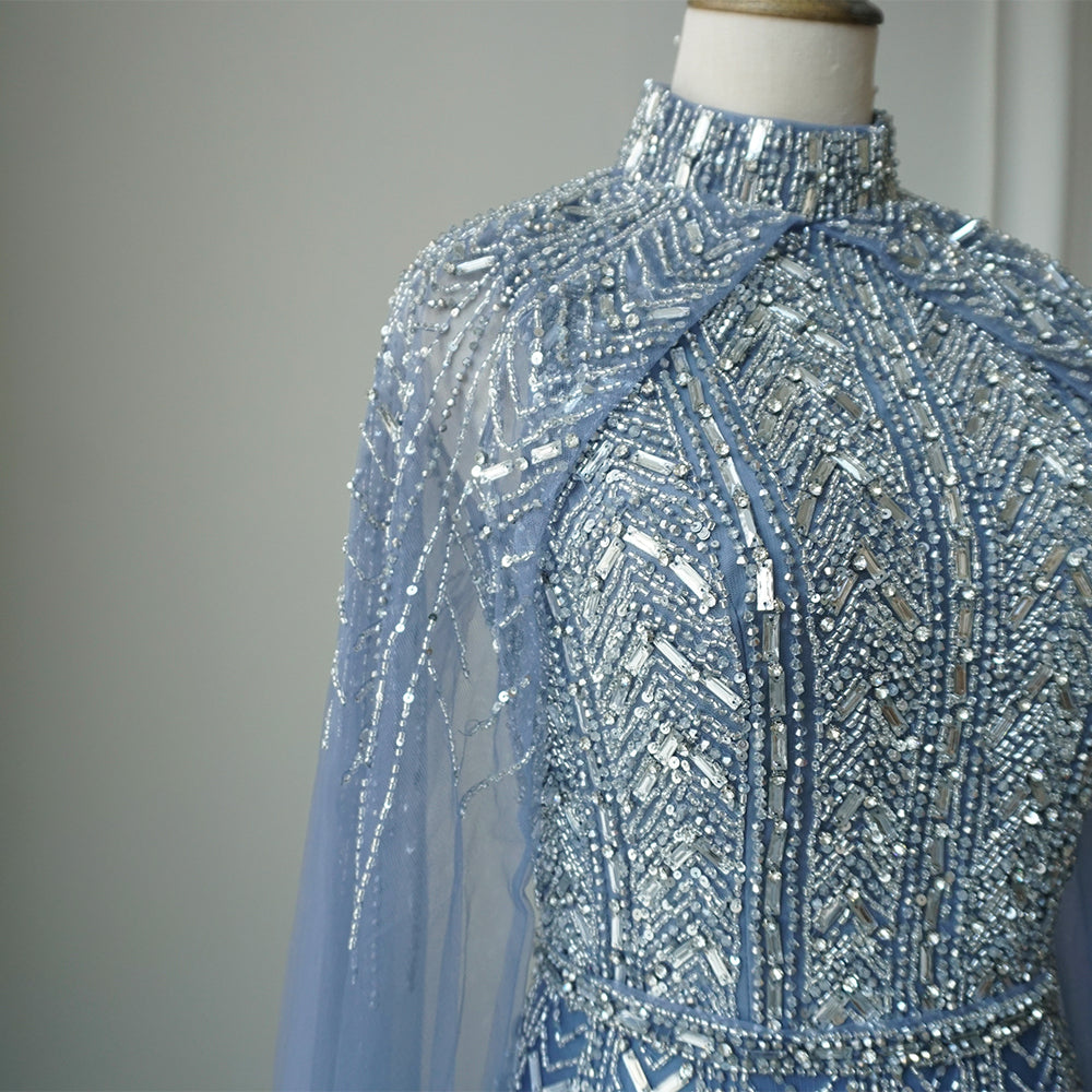 Luxury Beaded Design A-Line Blue Saudi Arabic Evening Dresses Gowns with Cape Sleeves for Formal Occasion ED500651