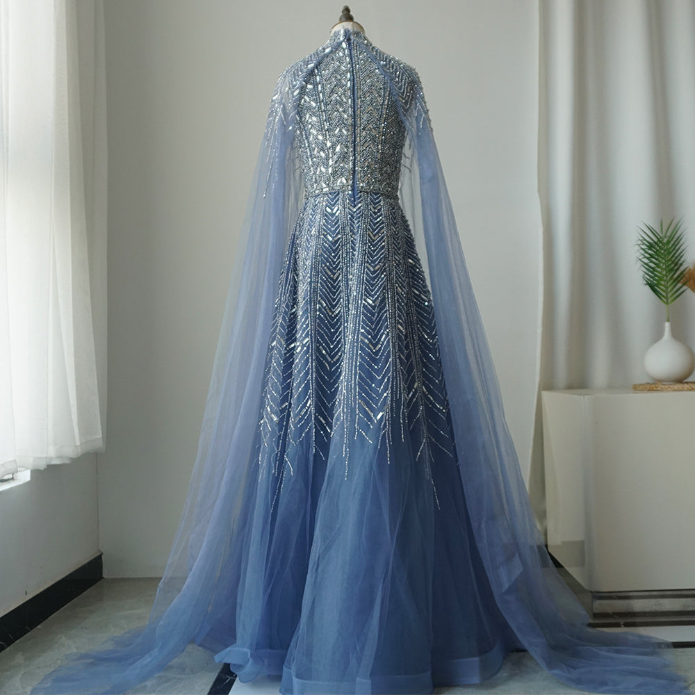 Luxury Beaded Design A-Line Blue Saudi Arabic Evening Dresses Gowns with Cape Sleeves for Formal Occasion ED500651