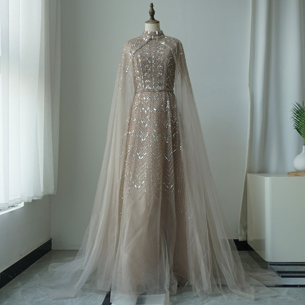 Luxury Beaded Design A-Line Blue Saudi Arabic Evening Dresses Gowns with Cape Sleeves for Formal Occasion ED500651