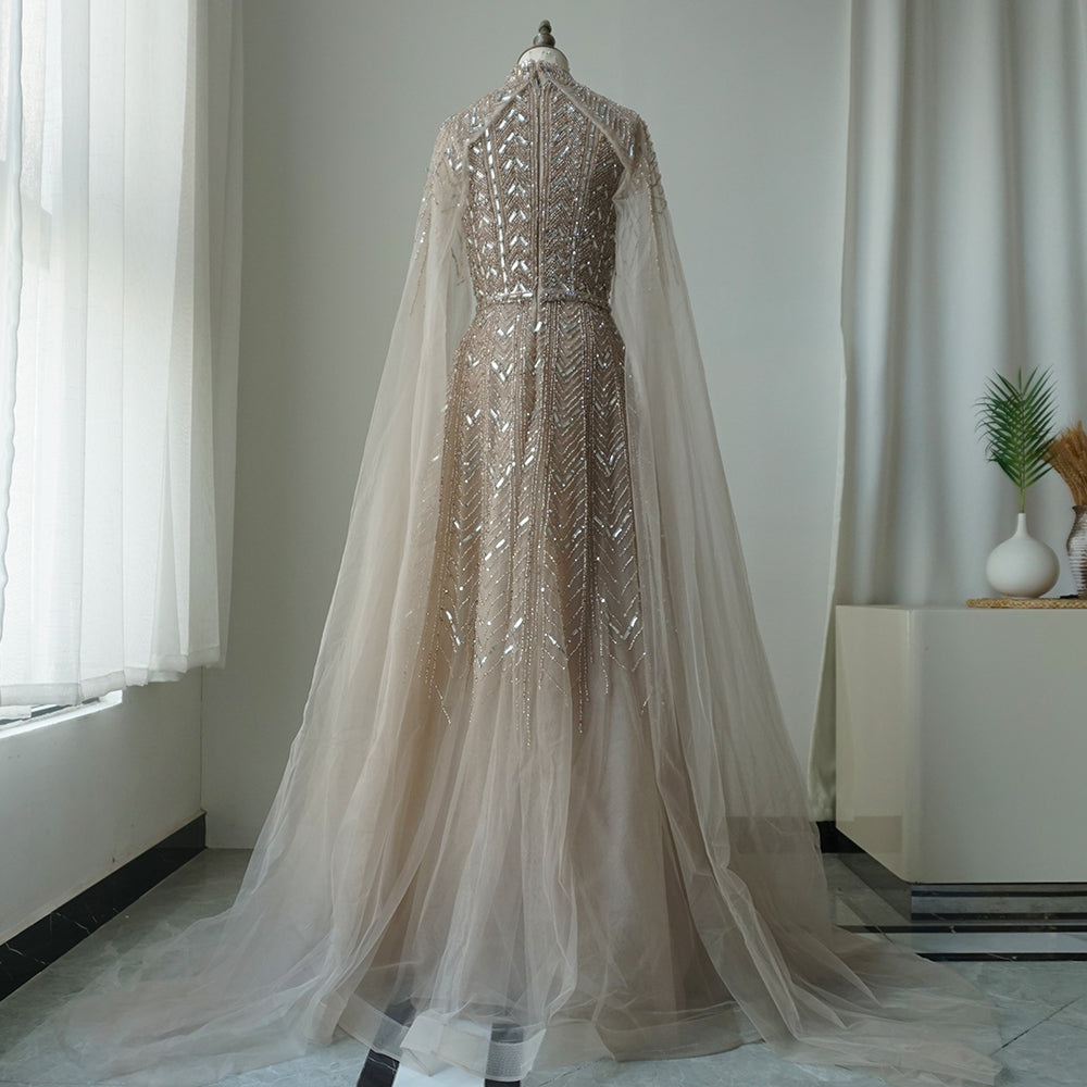 Luxury Beaded Design A-Line Blue Saudi Arabic Evening Dresses Gowns with Cape Sleeves for Formal Occasion ED500651