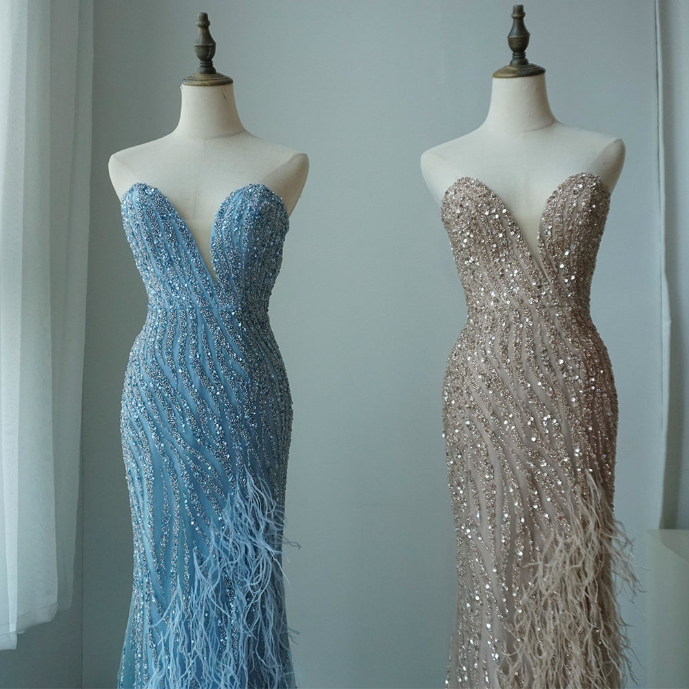 2025 Arabic Strapless Blue Beaded Feathers Luxury Dubai Evening Gowns with Side Skirt for Women Wedding party