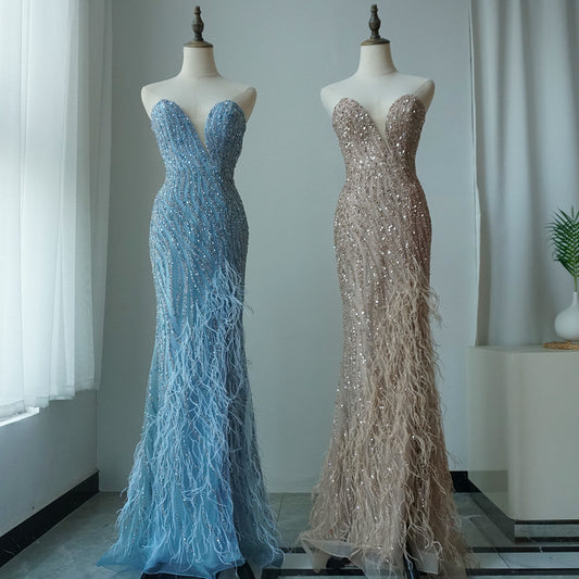 2025 Arabic Strapless Blue Beaded Feathers Luxury Dubai Evening Gowns with Side Skirt for Women Wedding party