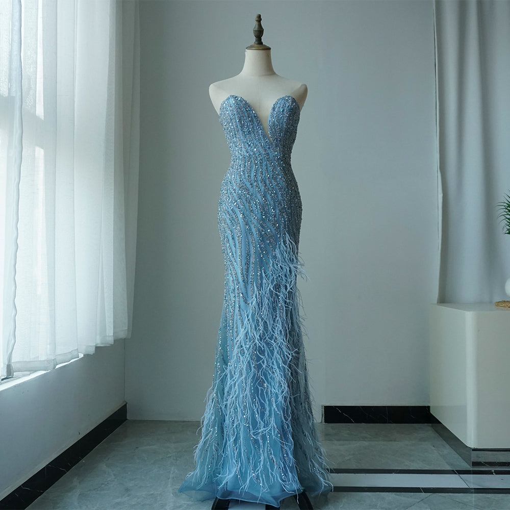 2025 Arabic Strapless Blue Beaded Feathers Luxury Dubai Evening Gowns with Side Skirt for Women Wedding party