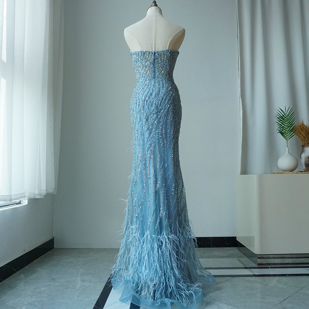 2025 Arabic Strapless Blue Beaded Feathers Luxury Dubai Evening Gowns with Side Skirt for Women Wedding party