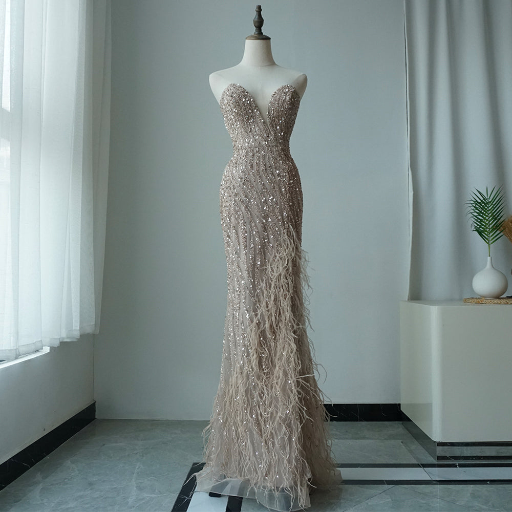 2025 Arabic Strapless Blue Beaded Feathers Luxury Dubai Evening Gowns with Side Skirt for Women Wedding party