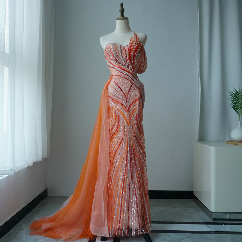 Luxury Dubai Arabic Blue One Shoulder Luxury Dubai Evening Gown with Side Overskirt Beaded Dress for Women's Party