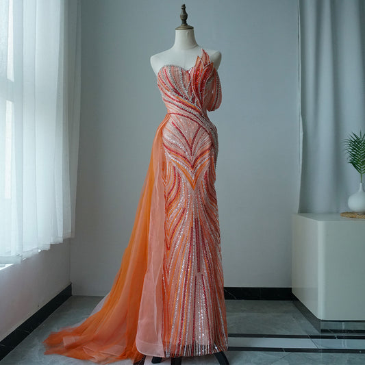 Luxury Dubai Arabic Blue One Shoulder Luxury Dubai Evening Gown with Side Overskirt Beaded Dress for Women's Party