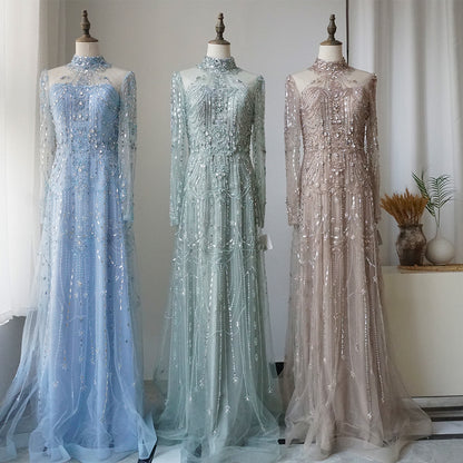 Arabic A-Line Blue Lace Beaded Luxury Evening Gowns for Women's Party Dubai ED500655