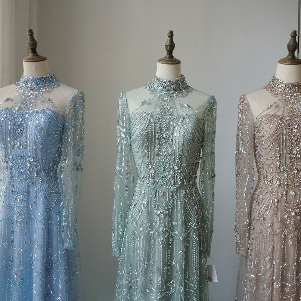 Arabic A-Line Blue Lace Beaded Luxury Evening Gowns for Women's Party Dubai ED500655