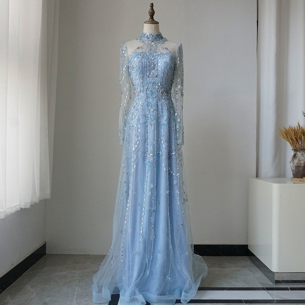 Arabic A-Line Blue Lace Beaded Luxury Evening Gowns for Women's Party Dubai ED500655