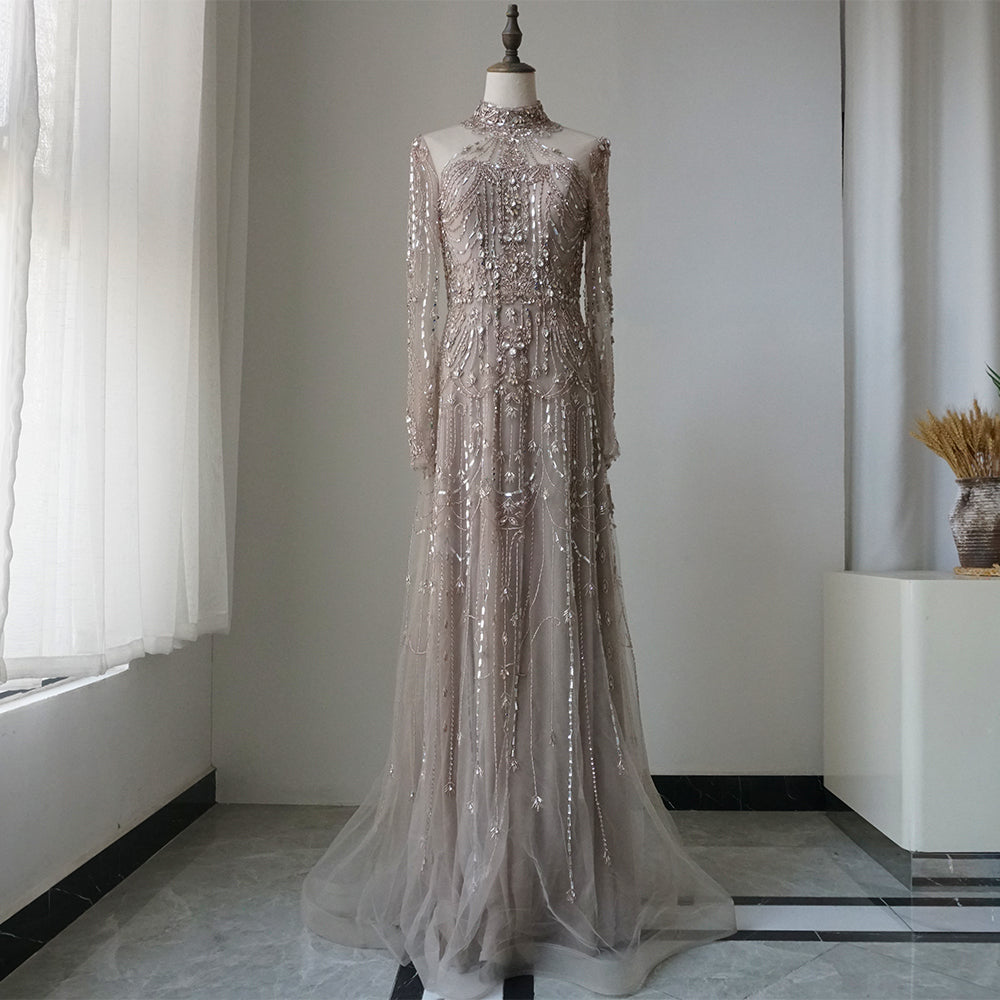Arabic A-Line Blue Lace Beaded Luxury Evening Gowns for Women's Party Dubai ED500655
