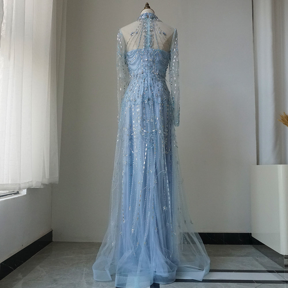 Arabic A-Line Blue Lace Beaded Luxury Evening Gowns for Women's Party Dubai ED500655