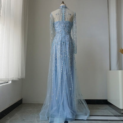 Arabic A-Line Blue Lace Beaded Luxury Evening Gowns for Women's Party Dubai ED500655