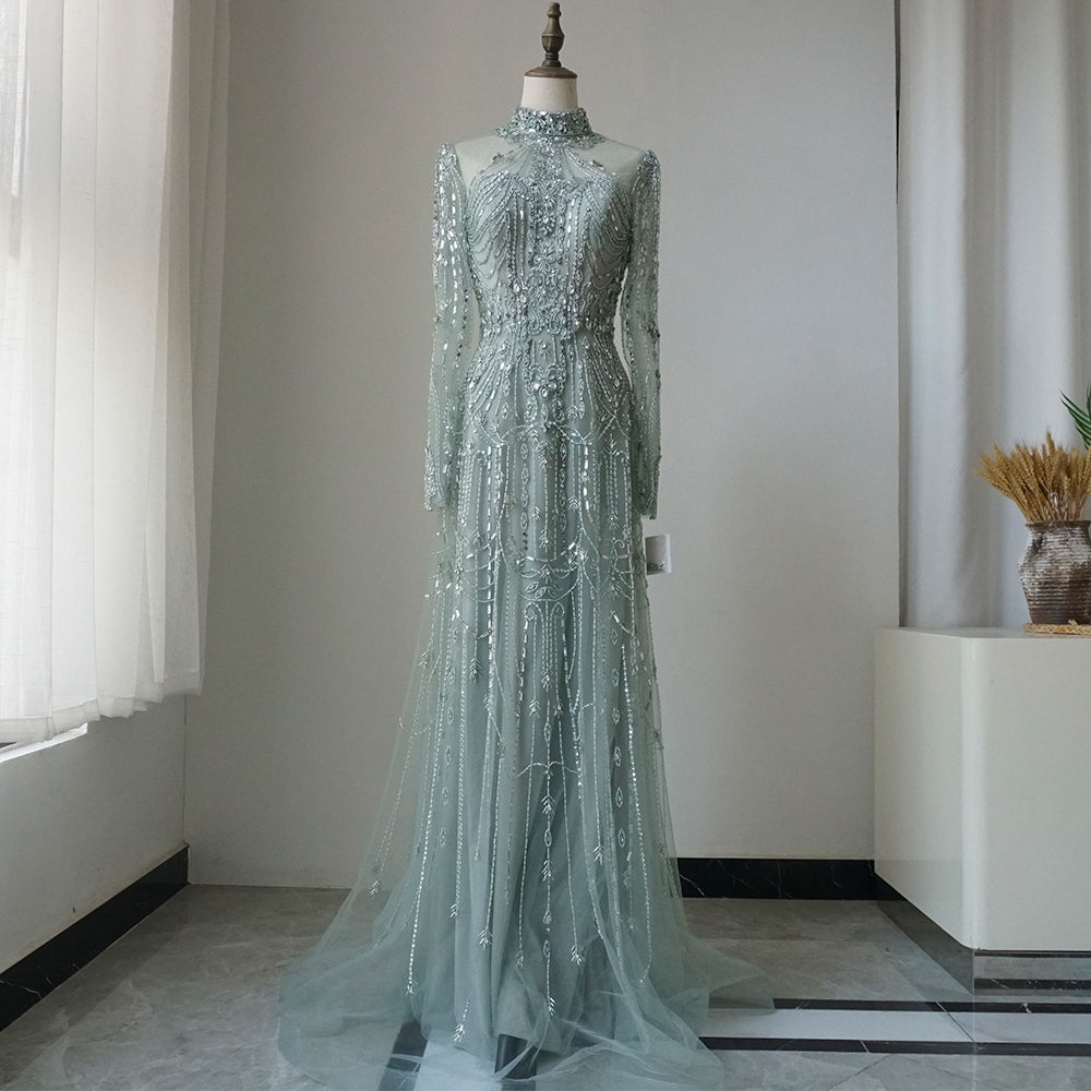 Arabic A-Line Blue Lace Beaded Luxury Evening Gowns for Women's Party Dubai ED500655