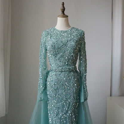Luxury Dubai Turquoise Mermaid Evening Dress with Tulle ED500658