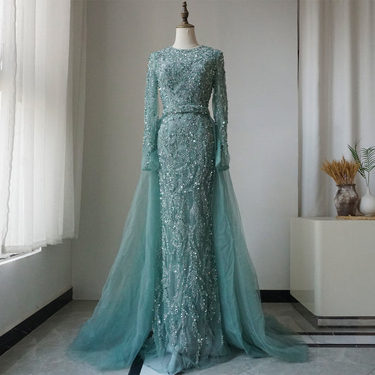Luxury Dubai Turquoise Mermaid Evening Dress with Tulle ED500658