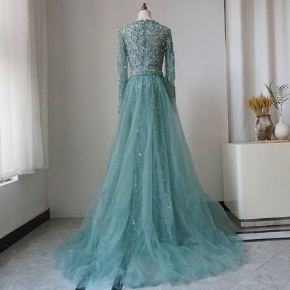 Luxury Dubai Turquoise Mermaid Evening Dress with Tulle ED500658