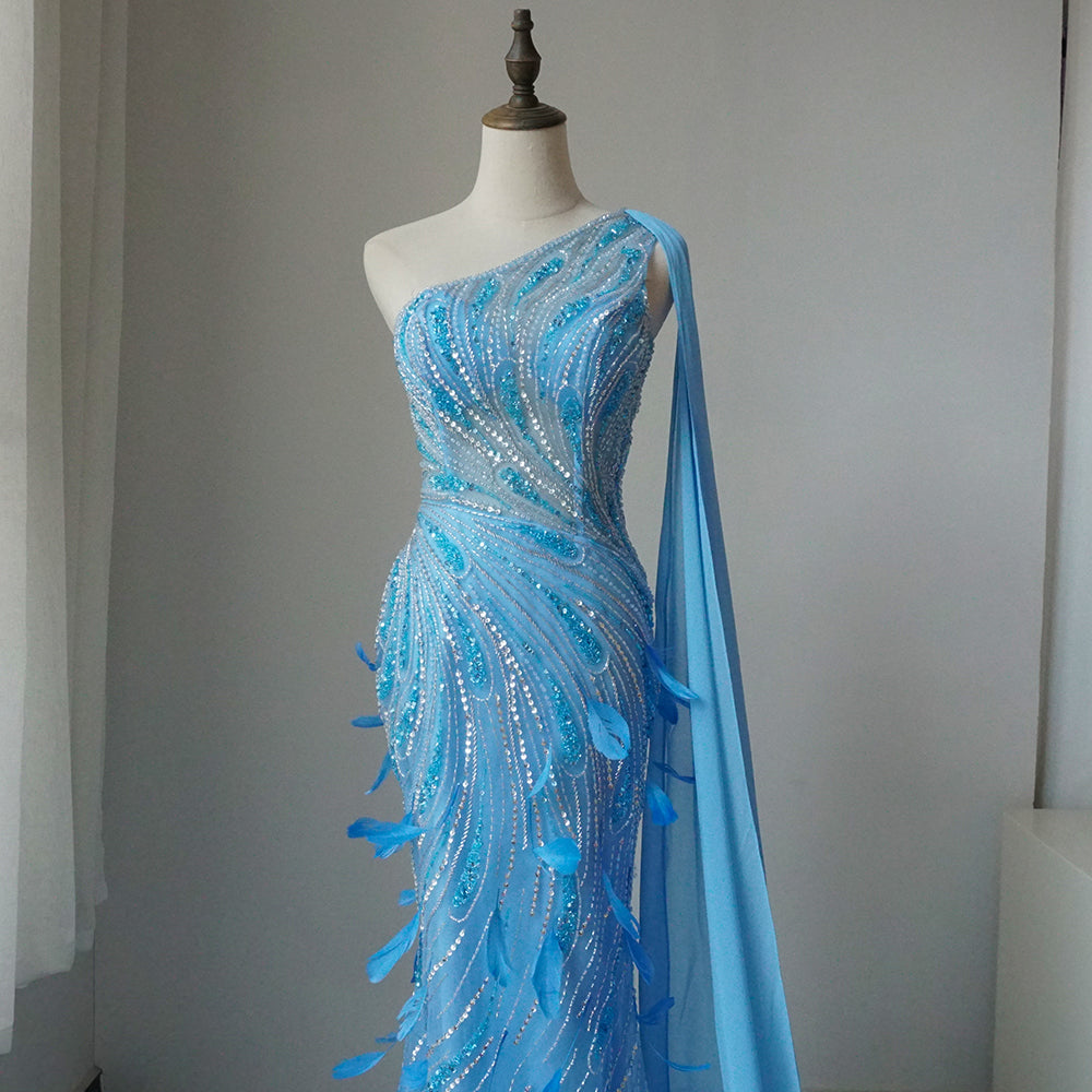 Arabic Green One Shoulder Beaded Feathers Luxury Evening Gowns with Side Cape Shawl for Women's Party ED500654