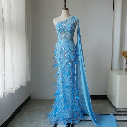 Arabic Green One Shoulder Beaded Feathers Luxury Evening Gowns with Side Cape Shawl for Women's Party ED500654