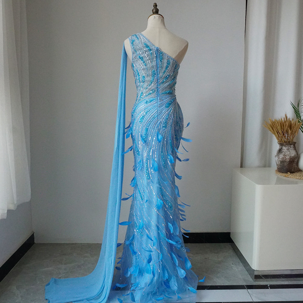 Arabic Green One Shoulder Beaded Feathers Luxury Evening Gowns with Side Cape Shawl for Women's Party ED500654