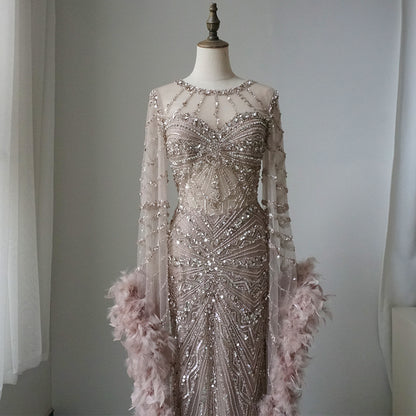 Alacati 2025 Heavy Beading Mermaid Evening Dress with Feather Cuffs for Formal Occasion ED500659