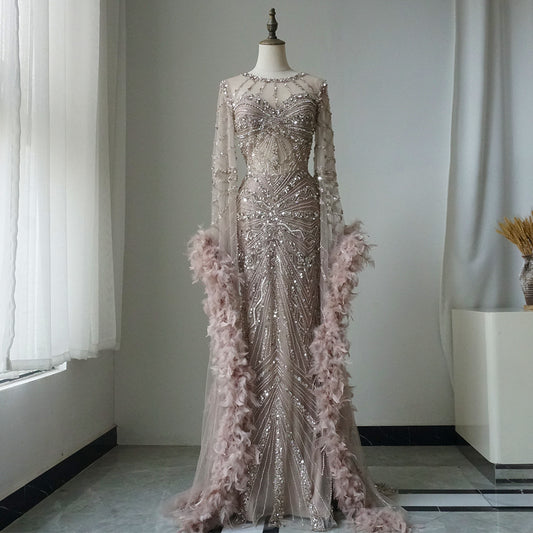 Alacati 2025 Heavy Beading Mermaid Evening Dress with Feather Cuffs for Formal Occasion ED500659