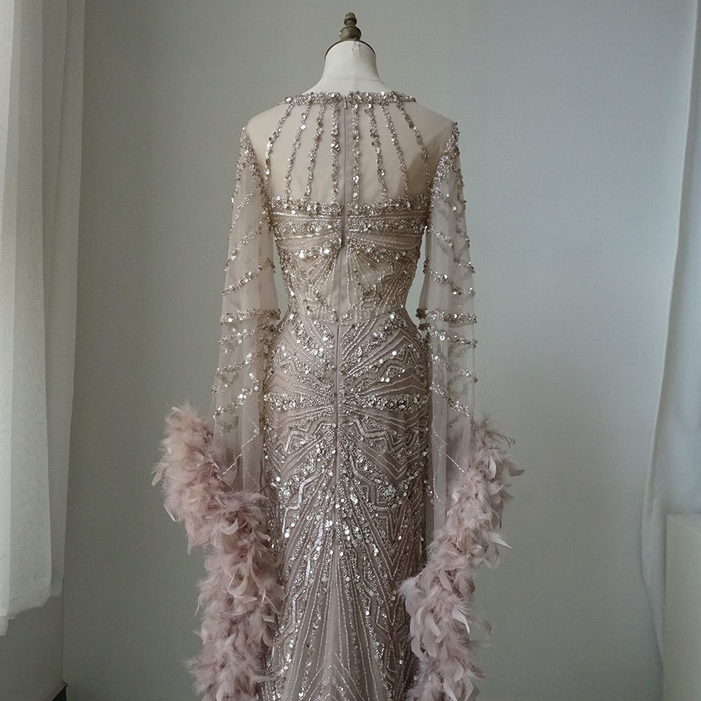 Alacati 2025 Heavy Beading Mermaid Evening Dress with Feather Cuffs for Formal Occasion ED500659