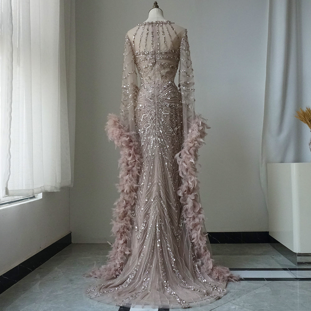 Alacati 2025 Heavy Beading Mermaid Evening Dress with Feather Cuffs for Formal Occasion ED500659