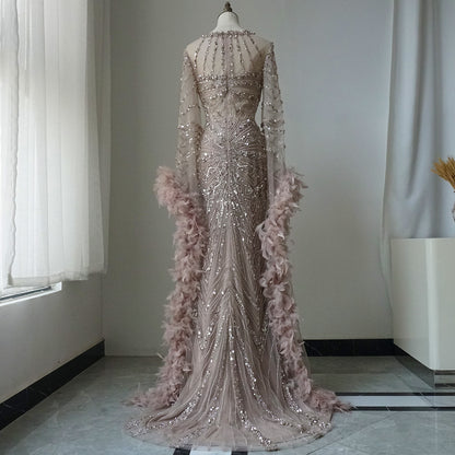Alacati 2025 Heavy Beading Mermaid Evening Dress with Feather Cuffs for Formal Occasion ED500659