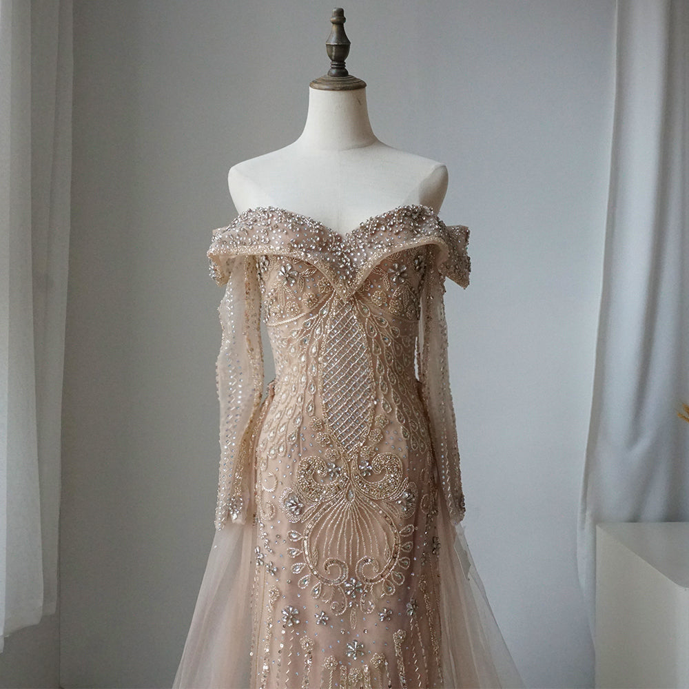 Nude Mermaid Elegant Beaded Luxury Evening Dress Gown with Overskirt ED500662