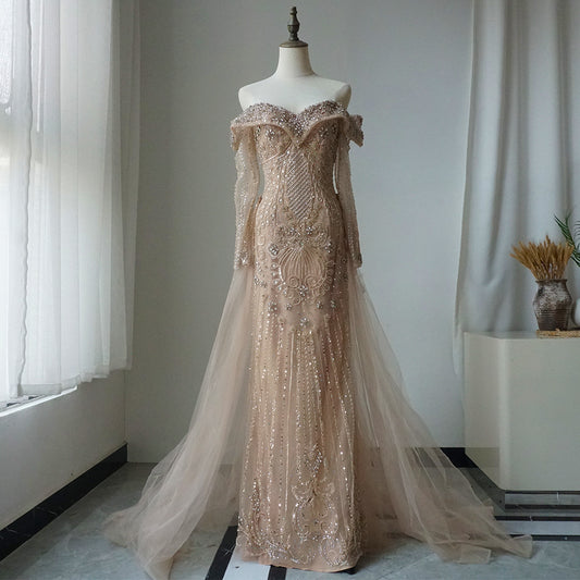 Nude Mermaid Elegant Beaded Luxury Evening Dress Gown with Overskirt ED500662