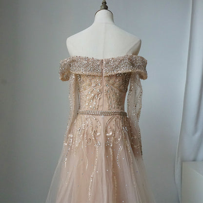Nude Mermaid Elegant Beaded Luxury Evening Dress Gown with Overskirt ED500662