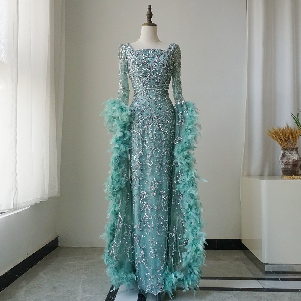 Alacati Flared Sleeves Mermaid Turquoise Beaded Feather Luxury Evening Dresses Gowns for Formal Occasion 2025