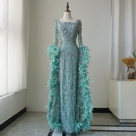 Alacati Flared Sleeves Mermaid Turquoise Beaded Feather Luxury Evening Dresses Gowns for Formal Occasion 2025