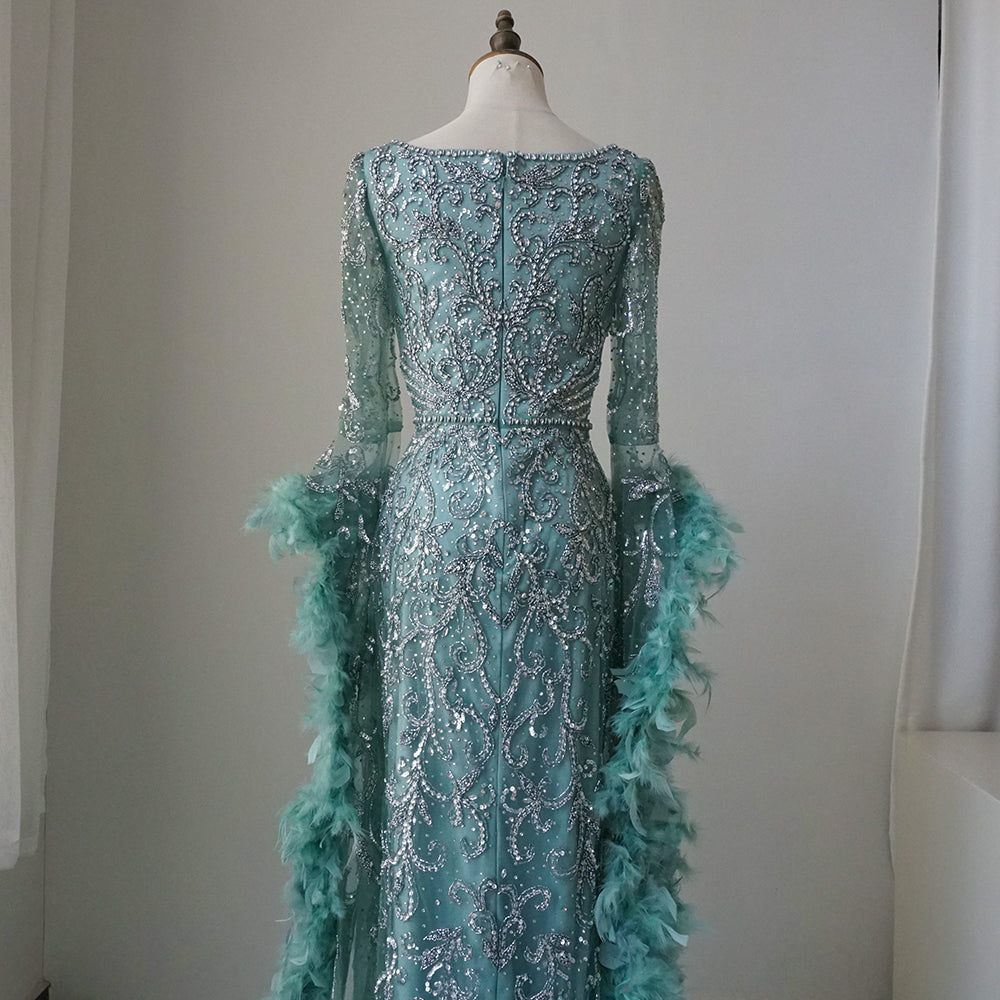 Alacati Flared Sleeves Mermaid Turquoise Beaded Feather Luxury Evening Dresses Gowns for Formal Occasion 2025
